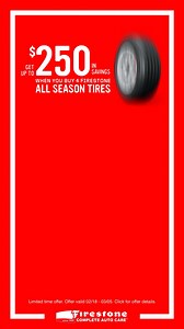 Buy 4 Firestone All Season tires & get a $50 Prepaid Mastercard®, an EXTRA $50 with CFNA card, PLUS a $150 Firestone Gift Card for future purchases! Shop now. | Firestone Complete Auto Care