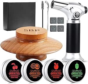 Cocktail Smoker kit with Torch - Comes with a Variety of Wood Flavors, Reusable ice Cubes, Spoon and Cleaning Brush. NO Butane Included. Great idea for a Gift or Any Smoke Flavor Enthusiast.