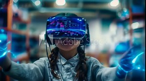 School Student Using VR Headset to Explore AI in Night Technology Class, Immersive Interactive Learning, Machine Learning Education Innovation