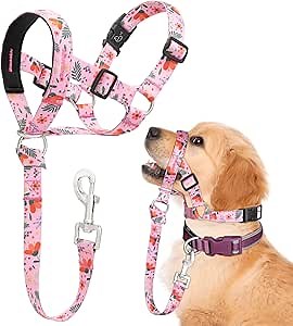 Dog Head Collar, Printed No-Pull Headcollar, Adjustable Dog Head Halter Gentle Lead with Safety Link, 3 Colors Muzzle Leash for Small Medium Large X-Large Dogs Easy Walks (Small, Mimosa)