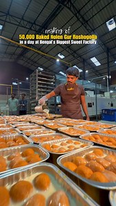 Baked roshogolla > normal roshogolla? 👀 50,000 Baked Rosogolla in a day! Made with nolen gur roshogollas, layered with milk, cream, and secret ingredients, then baked by the thousands in a giant Japanese machine — all within minutes. 😍 ✌🏻Taste - Creamy inside, lightly smoky outside, and dangerously addictive. A heritage recipe perfected with precision since 1885. 📍You can get it at these specific Balaram Mullick & Radharaman Mullick, Kolkata Outlets (Pinned Comment in Caption check ✅) 💰Cost