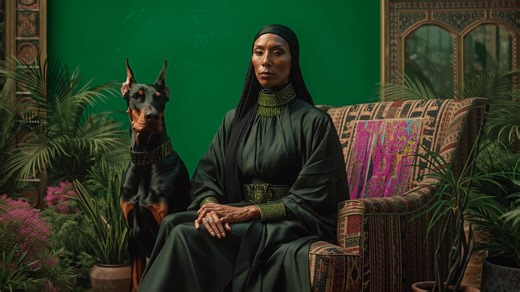 A cinematic portrait of loyalty and elegance — a majestic Dobermann standing guard beside a dignified woman in a richly decorated, botanical setting. Power, serenity, and art captured in one timeless frame. #DobermannEmpire #MajesticArt #LoyaltyAndGrace #ViralDogs #CinematicVibes