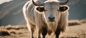 A white Tibetan yak stands majestically in the snow-covered highlands, showcasing its thick fur and impressive horns. This hardy mammal thrives in the cold, rugged terrain