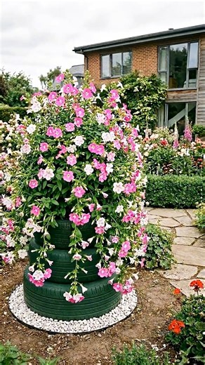 A Recycled Tire Tower Overflowing with Diascia barberae (Twinspur) 🌸 #garden #flowers #gardening