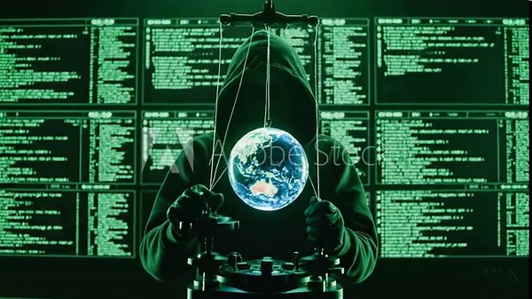 Hooded man as puppet master controls glowing earth globe with strings. Mysterious figure manipulates world from green code screens. Cybersecurity threat and global digital domination concept.