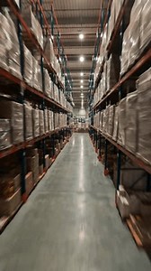 Fast drone FPV flight in logistic center. Speed motion view of industrial storage with racks full of delivery goods. Retail warehouse.