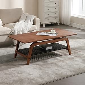 Wood Coffee Table, 2-Tier Coffee Table with Open Storage Shelf, Mid Century Modern Rectangular Center Table, Occasional/Sofa Table for Living/Meeting Room/Reception/Small Space, Walnut