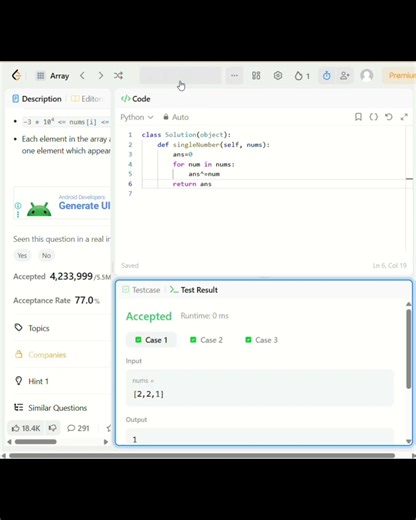 LeetCode 136 | Single Number | Easy | XOR Bit Manipulation | Python #coding #python #programming