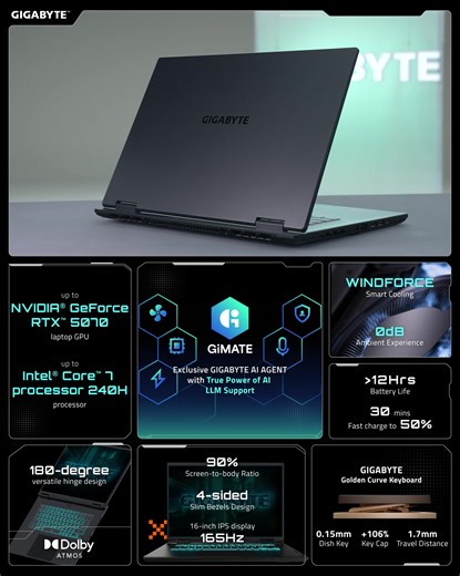 4.9K views · 65 reactions | GIGABYTE GAMING A16 features up to Intel Core™ 7 processor 240H, up to NVIDIA RTX™ 5070 Laptop GPU, and GiMATE AI agent, with 16" WQXGA 165Hz display and ergonomic Golden Curve Keyboard. GIGABYTE GAMING A16 : https://www.gigabyte.com/Consumer/gigabyte-event/#Laptops #AORUS #GIGABYTE #GIGABYTEGAMINGA16 #Intel #NVIDIA #RTX50 #RTXAIPC #AlonRTX #AI #gaming | AORUS | Facebook