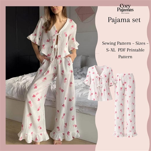 Digital Women’s Pajama Pattern | Ruffle Pajamas With Tie Front | Sewing Pattern PDF A4 A0 | S–XL - Etsy