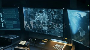 Configuring the satellite network from a control panel. Controlling the modern satellite network searching for the target. Controlling satellite network system locating the target power station.