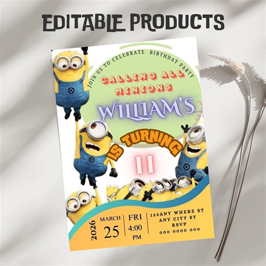 Minions Birthday Party Invitation Template, Editable Canva Design (5x7), Digital Download. - Etsy