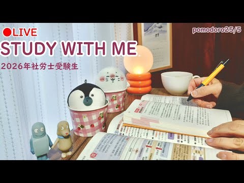 LIVE study with me / pomodoro25/5 / crackling fireplace sounds (no music) / 2026年社労士受験
