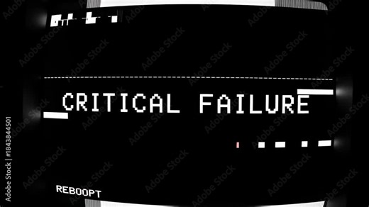 Critical failure message on a retro computer screen with glitch distortion. System error notification with pixelated text and scan lines on a black and white display
