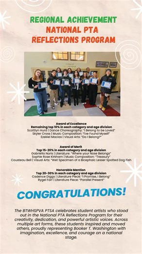 Booker T. Washington HSPVA PTSA on Instagram: "The BTWHSPVA PTSA celebrates student artists who stood out in the National PTA Reflections Program for their creativity, dedication, and powerful artistic voices. Across multiple art forms, these students inspired and moved others, proudly representing Booker T. Washington with imagination, excellence, and courage on a national stage. These three outstanding scholar‑artists will continue through the recognition process outlined below as they advance