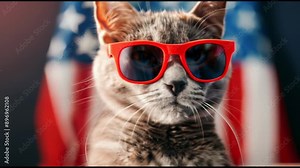 A gray cat wearing red sunglasses poses in front of an American flag