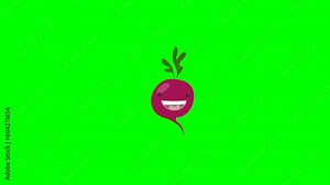 Cartoon talking radish loop with alpha channel. Vegetable animation on chroma key green or transparent background.