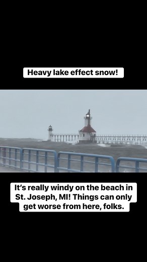 Huge waves crash against the St. Joseph/Benton Harbor, MI lighthouse as intense lake-effect snow continues. It’s really windy on the beach in St. Joseph, MI! Things can only get worse from here, folks. | Chicago & Midwest Storm Chasers