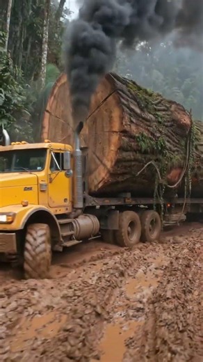 Massive Logging Truck Hauls a Giant Tree Through Deep Mud! #truck #shorts #offroad