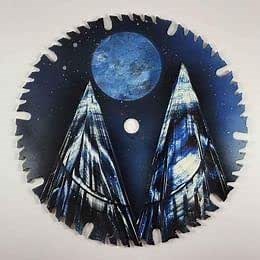 Double Sided Flip Side Painting on Saw blade with Dark Blue Pyramids and Crystal Formations by Jason Girard