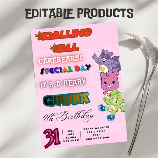Care Bears Birthday Invitation, Printable Editable Birthday Party Invite, Digital Party Invitation Template, Care Bears Invitation Card - Etsy