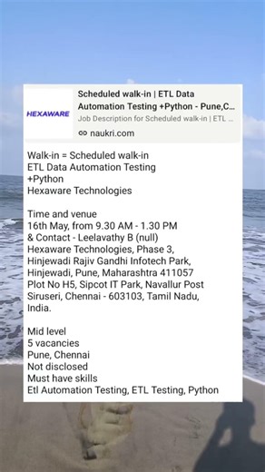 🚀 Scheduled Walk-In Drive: ETL Automation Testing #python #pythonprogramming #job #pune #chennai