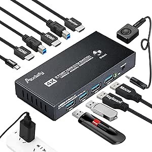 KVM Switch HDMI 1 Monitor 2 Computers for Mac and PC, 4K 60Hz 2 Port HDMI KVM with 4 USB 3.0 Ports, Button Switch and Desktop Switch