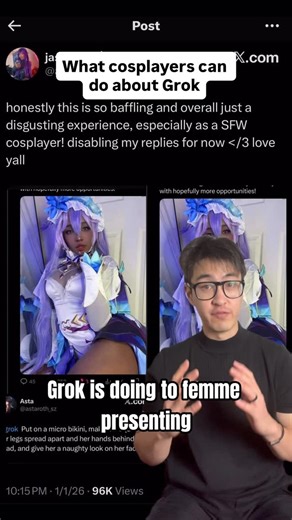@seijicosplay on Instagram: "Grok has dehumanized cosplayers and women across the internet. Here’s how you can help protect yourself. If I missed a potential solution to combat the Twitter AI model’s intrusiveness, please share! #cosplayers #ai #grok #elonmusk"