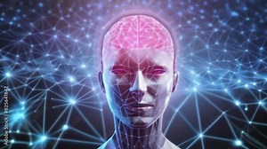 Visualization of a human brain and neural network, showcasing interconnected nodes and pathways.
