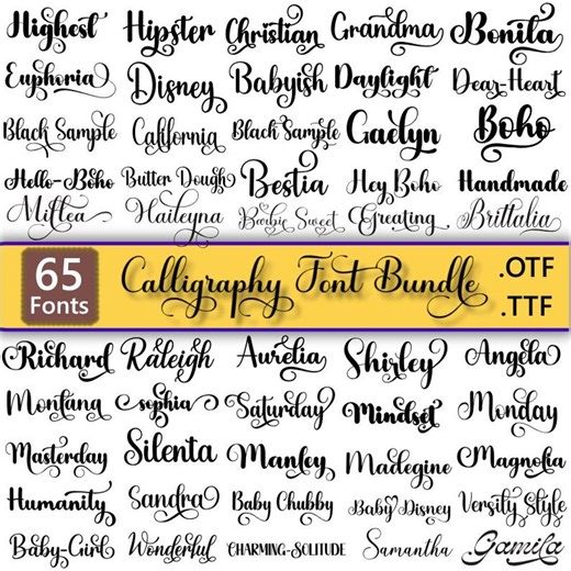 65 Calligraphy Font Bundle | Script & Handwritten Fonts | OTF TTF | Typography Fonts for T-shirt Design, Logos, Cricut, Graphic Design - Etsy
