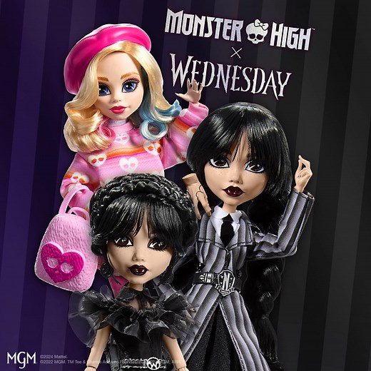 Dark charm meets frightful fashion in the Monster High x Wednesday collab. Enid rocks her fierce pink patterns and killer claws, while Wednesday Addams stuns in her signature gore-geous Nevermore Academy uniform. Add Rave’N Wednesday in her ruffled, goth-chic dress to complete the collection. Bring home these frightful icons today and let the lurks begin! | Monster High