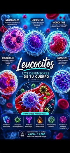 🛡️🩸 ¡Tus leucocitos son el ejército que protege tu cuerpo! Ellos combaten bacterias, virus, hongos y parásitos, producen anticuerpos y ayudan a eliminar células dañadas. Si sus niveles cambian, pueden indicar infecciones u otras enfermedades. ¡Cuida tu sistema inmunológico con buenos hábitos! 💪❤️ #Leucocitos #SistemaInmunológico #Salud #GlóbulosBlancos #AnatomíaSana