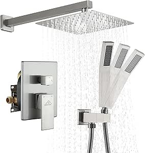 CASAINC Rainfall Shower Head Combo Set 12 Inches Bathroom Luxury Rain Shower Head with Handheld Spray Wall Mounted Shower Faucet Set with Valve and Trim (Brushed Nickel)