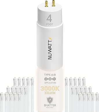 NUWATT 30 Pack 4 FT LED T8 Tube Light, T10 T12 Hybrid Type A+B, 3000K Warm White, 18W, High Brightness 2,200 Lumens, Plug & Play OR Ballast Bypass Fluorescent Tube Replacement, Single or Double Ended