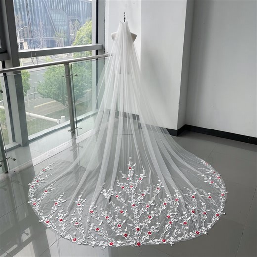 Red Flower Lace Bridal Veil,cathedral Ivory Tulle Veil,handmade Single Tier Bridal Long Veil With Comb,wedding Accessories. - Etsy