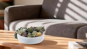 MyGift 8 Inch Round Modern Artificial Succulent Arrangement Potted in White Concrete Plant Bowl, Assorted Faux Mini Succulents in a Decorative Planter Pot