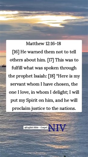 5.3K views · 219 reactions | Matthew 12:16-18 [16] He warned them not to tell others about him. [17] This was to fulfill what was spoken through the prophet Isaiah: [18] “Here is my servant whom I have chosen, the one I love, in whom I delight; I will put my Spirit on him, and he will proclaim justice to the nations. | English Bible - Gospel | Facebook