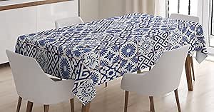 Ambesonne Moroccan Tablecloth, Old Ottoman Style Inspired Mix of Moroccan Tiles in Modern Shades Artwork Print, Rectangular Table Cover for Dining Room Kitchen Decor, 60" X 90", Grey Blue