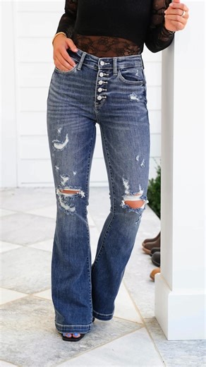 952K views · 375 reactions | The sexiest jeans Judy Blue has ever made just restocked!  HURRY, grab your size! These will sell out quick! freckledpoppy.com/products/plusreg-judy-blue-dark-wash-button-fly-distressed-trouser-flare-jeans | Freckled Poppy Boutique | Facebook