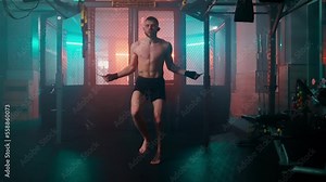 MMA fighters enter the cage ring. Mixed martial arts fight. Cinematic staged fight. Boxing in a ring or cage. Two fighters fight for the right to be the champion.
