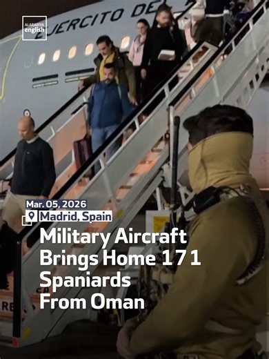 A military aircraft carrying 171 Spaniards evacuated from Oman lands in Spain, the Spanish Ministry of Defense says.