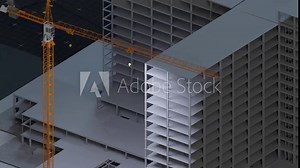 under construction site engineering with frame structure and tower crane 3D looping animation realistic generic 4k