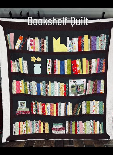 This is a pattern called Book Review by @MSQC This one was definitely a scrap buster. I used several scraps from past quilts and also some fabric that I used on my granddaughters dresses which I thought was a fun touch. The pantograph was called Reading Room by Urban Elementz. ##quiltersoftiktok##formydaughter##quilttok##bookshelfquilt##bookshelf##quiltingismytherapy##books##customgiftideas##pantographs