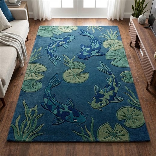 Buy Green Blue Koi Fish Pond Wool Rug, Modern Hand Tufted Japanese Area Rugs Online in India - Etsy