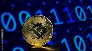 A stack of gold coins. gold bitcoin in the background of a binary code. Digital wallet icon. Financial transaction. Internet network concept. Digital online payment concept.