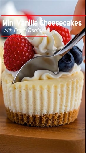 Mini Vanilla Cheesecakes with Fresh Berries 🍓🫐 These Mini Vanilla Cheesecakes are creamy, rich, and perfectly bakery-style with a buttery graham cracker crust and silky smooth vanilla cheesecake filling. Topped with fluffy whipped cream and juicy fresh berries, they’re the kind of homemade dessert that disappears fast at parties. Save this Mini Vanilla Cheesecakes recipe for your next gathering and tag a friend who loves cheesecake as much as you do! 💛 Yield: 12 large servings Ingredients: • 