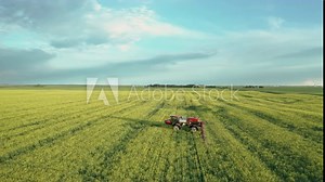 Tractor spraying fungicide on green field, tracking drone shot