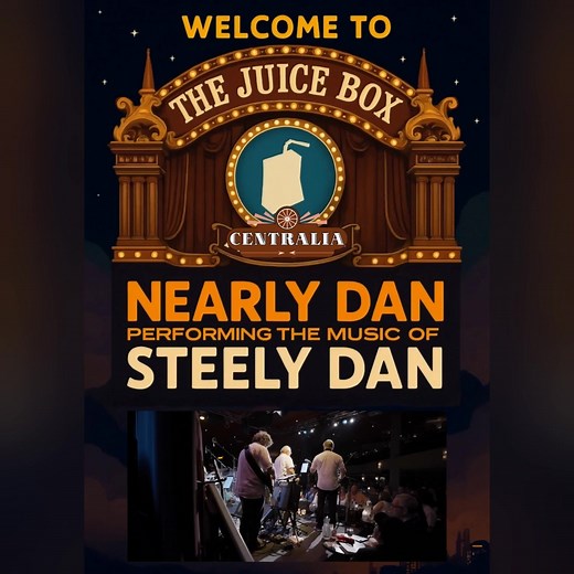 284 reactions · 23 shares | Centralia, are you ready to get smooth? Nearly Dan is bringing the music of Steely Dan to The Juice Box — one night only, and it’s gonna pour pure 70’s groove. ✨ Grab your friends, order something sweet, and let’s make this a night to remember. The music’s smooth, the vibe’s even smoother. ️ Tickets link in the comments! | Nearly Dan | Facebook