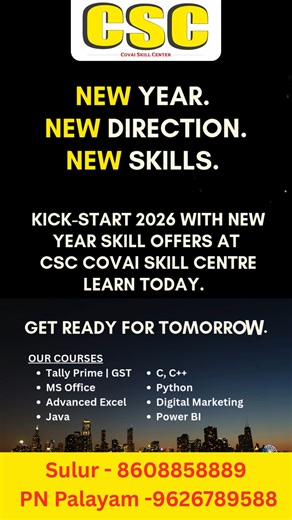 CSC Academy on Instagram: "🎆 New Year. New Direction. New Skills. 🎆 Kick-start 2026 with New Year Skill Offers at CSC Covai Skill Centre 💻🎓 👉 Learn today. Get ready for tomorrow. #CSCCovaiSkillCentre #HappyNewYear2026 #NewYearSkillOffers #NewYearNewSkills #SkillDevelopment #ComputerTraining #DigitalSkills #CareerReady #LearnComputer #JobSkills #StudentLife #FutureReady #CoimbatoreSkills #SkillIndia"