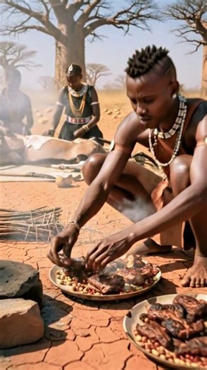 San Bushmen Survival Butchering & Cooking Gemsbok 🥘#tribalfood #tribalfeast #shorts